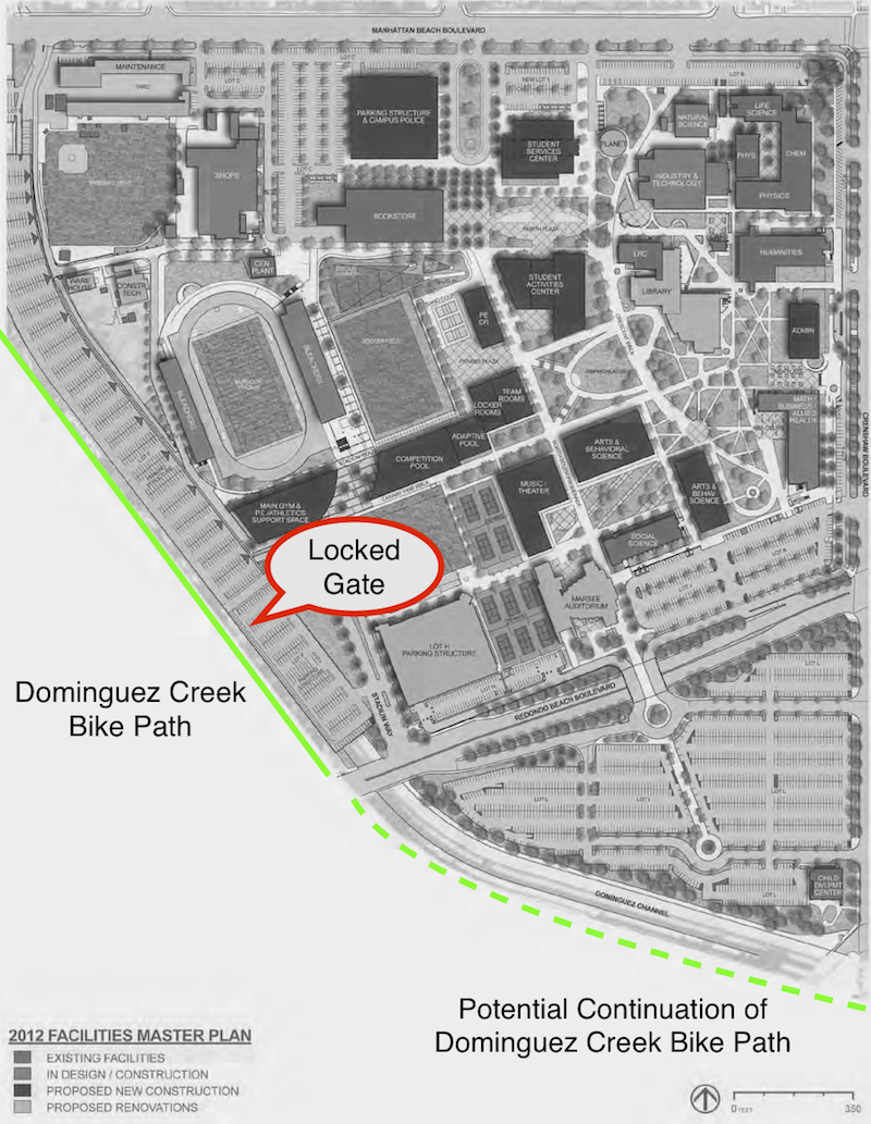 Figure 1: The campus map showing the location of the Dominguez Creek Bike Path and the locked gate